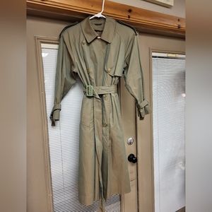 Olive Green Iridescent Trench Coat, Belted and with removable Plaid Lining.
